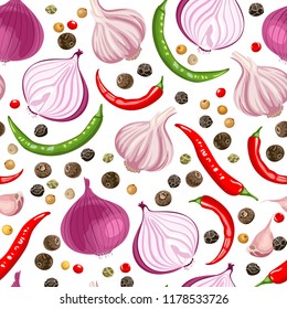 Seamless pattern with spicy spices on a white background. Red onion, garlic, chili, allspice, mustard grains, dried peppercorn. Vector illustration in a flat style.