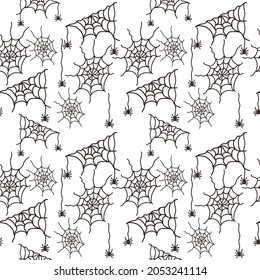 Seamless pattern with spider and cobweb isolated on white background. Halloween. For printing wrapping paper, packaging, fabric. Hand Drawn vector illustration.