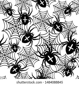 Seamless pattern with spider. Halloween vector illustration. Black and white.