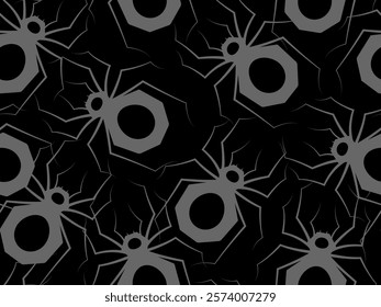 Seamless pattern with spider silhouettes. Dark and elegant wallpaper, textile print with stylized spiders in gothic motif. Gray insects abstract on black. Vector illustration.