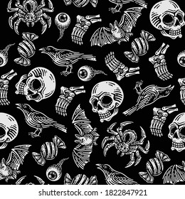 seamless pattern of spider, skull, bat, raven, eyeball, leg bones, candy wrappers in dark background. Vector Happy Halloween greeting card and trick or treat
