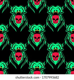 Seamless pattern, spider with a skull pattern on a black background, vector illustration