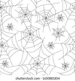 Seamless pattern of spider web, Cobweb drawing. Vector stock illustration isolated on white background for Halloween design. Spider web element,spooky, scary, horror halloween decor. Silhouette.