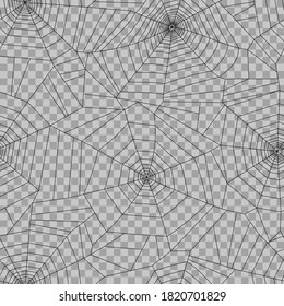 Seamless pattern with spider web. Halloween decoration with cobweb. Spiderweb flat vector illustration. Isolated graphic. Horror, fear, creepy art concept. Outline sketch, transparent background.