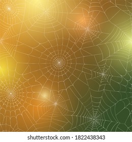 Seamless pattern with spider web. Halloween decoration with cobweb. Spiderweb flat vector illustration. Isolated graphic. Horror, fear, creepy cartoon art concept. Outline sketch on yellow background.