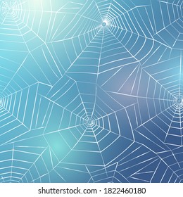 Seamless pattern with spider web. Halloween decoration with cobweb. Spiderweb flat vector illustration. Isolated graphic. Horror, fear, creepy cartoon art concept. Outline sketch on blue background.