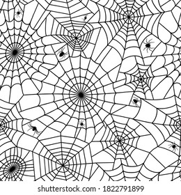 Seamless pattern with spider web. Halloween decoration with cobweb. Spiderweb flat vector illustration. Spiders, horror, fear and creepy cartoon art concept. Net sketch on white background.