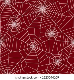 Seamless pattern with spider web. Halloween decoration with cobweb. Spiderweb flat vector illustration. Isolated graphic. Horror, fear, creepy cartoon art concept. Outline sketch on red background.