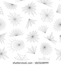 Seamless pattern with spider web. Halloween decoration with cobweb. Spiderweb flat vector illustration. Isolated graphic. Horror, fear, creepy cartoon art concept. Outline sketch on white background.