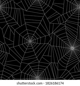 Seamless pattern with spider web. Halloween decoration with cobweb. Spiderweb flat vector illustration. Isolated graphic. Horror, fear, creepy cartoon art concept. Outline sketch on black background.