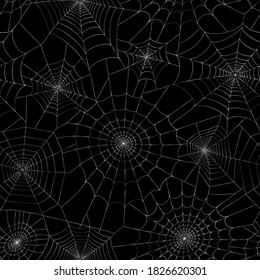 Seamless pattern with spider web. Halloween decoration with cobweb. Spiderweb flat vector illustration. Isolated graphic. Horror, fear, creepy cartoon art concept. Outline sketch on black background.