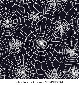 Seamless pattern with spider web. Halloween decoration with cobweb. Spiderweb flat vector illustration. Isolated graphic. Horror, fear, creepy cartoon art concept. Outline sketch on black background.