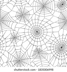 Seamless pattern with spider web. Halloween decoration with cobweb. Spiderweb flat vector illustration. Isolated graphic. Horror, fear, creepy cartoon art concept. Outline sketch on white background.