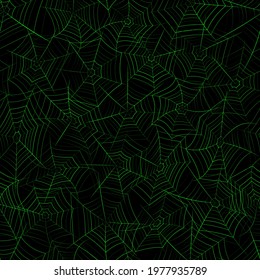 Seamless pattern with spider web. Halloween decoration with green cobweb. Spiderweb flat vector illustration. Horror, fear, creepy cartoon art concept. Outline sketch on black background.