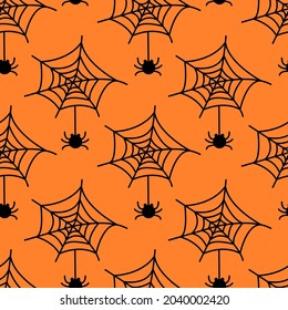 Seamless pattern with spider web and  spider isolated on orange background. Vector flat illustration. Design for Halloween backdrop, textile, wrapping, wallpaper