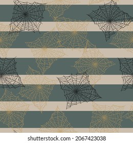 Seamless pattern spider web isolated on green striped background. Outline spooky cobwebs template for fabric. Design vector illustration.