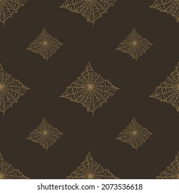 Seamless pattern spider web isolated on brown background. Outline spooky cobwebs template for fabric. Design vector illustration.