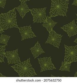 Seamless pattern spider web isolated on green background. Outline spooky cobwebs template for fabric. Design vector illustration.