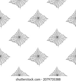 Seamless pattern spider web isolated on wjite background. Outline spooky cobwebs template for fabric. Design vector illustration.