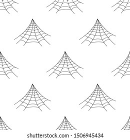Seamless pattern with spider web on white background. Halloween spiderweb texture. Cobweb line style. Vector illustration for design, web, wrapping paper, fabric.