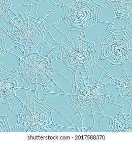 Seamless pattern with spider web on sky blue background for surface design and othe design projects