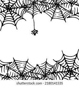 seamless pattern of a spider web on which a spider is hanging. horizontal circular web pattern with a hand-drawn black line with an empty space for doodle-style text on white for a design template