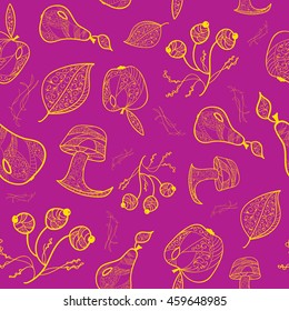 Seamless pattern with spider web, pear, apple, cranberry and mushroom elements. Decorative curly lines. Bright colors