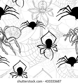 Seamless pattern with spiders and cobweb on white. Halloween background with scary silhouettes. Doodle illustration and hand drawn repeated background