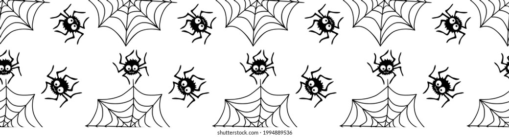 Seamless pattern with spiders and cobweb. Vector illustration isolated on white background. Halloween texture