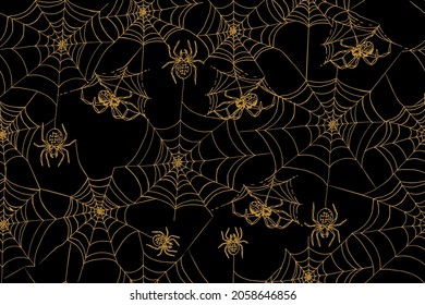 Seamless pattern with Spiders and cobwebs. Black  Background illustration with golden  spiderwebs. Hand drawn ink vector.