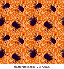 Seamless pattern with spiders and cobwebs. Halloween background. Vector illustration.