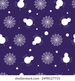 Seamless pattern with spiders and cobwebs for Halloween on a purple background.Vector holiday pattern