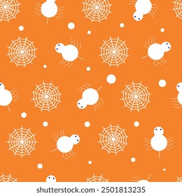 Seamless pattern with spiders and cobwebs for Halloween on an orange background. Vector holiday pattern