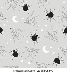 Seamless pattern with spiders, cobwebs on the background of the night sky, moon and stars. Vector graphics.