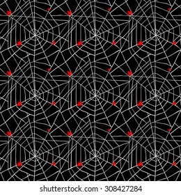 seamless pattern with spiders and cobwebs on black background