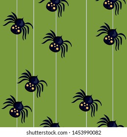 Seamless pattern with spiders descending on a spider web. Vector graphics.