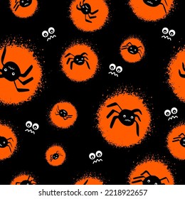 Seamless pattern with spiders and eyes for flyers and postcards. Doodle and street graffiti style. Happy Halloween card. Vector illustration.