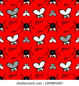 Seamless pattern of spiders and green flies on a red background and the inscription BOO. Halloween holiday concept. Vector 