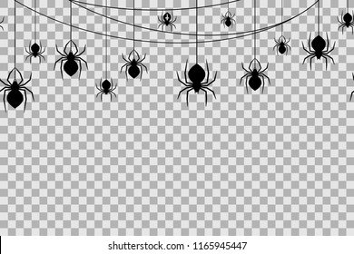 Seamless pattern with spiders for Halloween celebration on transparent background. Vector Illustration. Halloween background with black spiders and spider web.