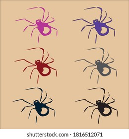 Seamless pattern with spiders for Halloween celebration on beige background. Vector Illustration. Halloween background with black pink red gray spiders.