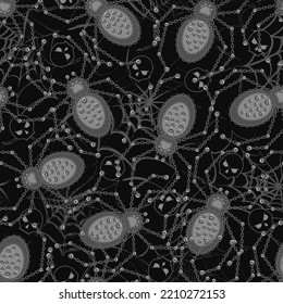 Seamless pattern with spiders made of rough metallic black chain, rivets. Skull icon, grunge silhouette of spider web behind Gothic surreal gloomy illustration for Halloween holiday Random composition
