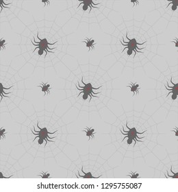 seamless pattern Spiders on Webs on gray background. halloween print