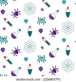 Seamless pattern with spiders, spider webs and potion flasks. vector illustration