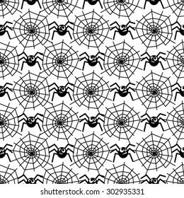 Seamless pattern with spiders and spider webs . Black and white halloween background. Happy Halloween concept illustration.