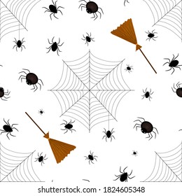 Seamless pattern with spiders, spiderwebs and brooms. Halloween design.