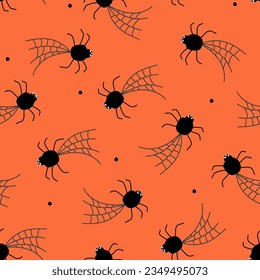 Seamless pattern with spiders weaving a web. Halloween print with scary insects.