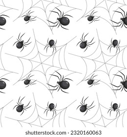 Seamless pattern, spiders in the web. Insects on a white background. Illustration, background, vector