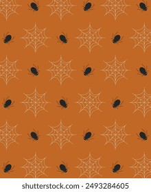Seamless pattern with spiders and web on orange background. Halloween. Vector illustration.
