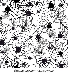 Seamless pattern of spiders and webs. Halloween pattern. Black silhouettes of spiders and webs on a white background. Vector illustration.