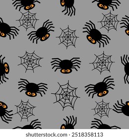 Seamless pattern with spiders and webs on a grey background. Vector illustration.